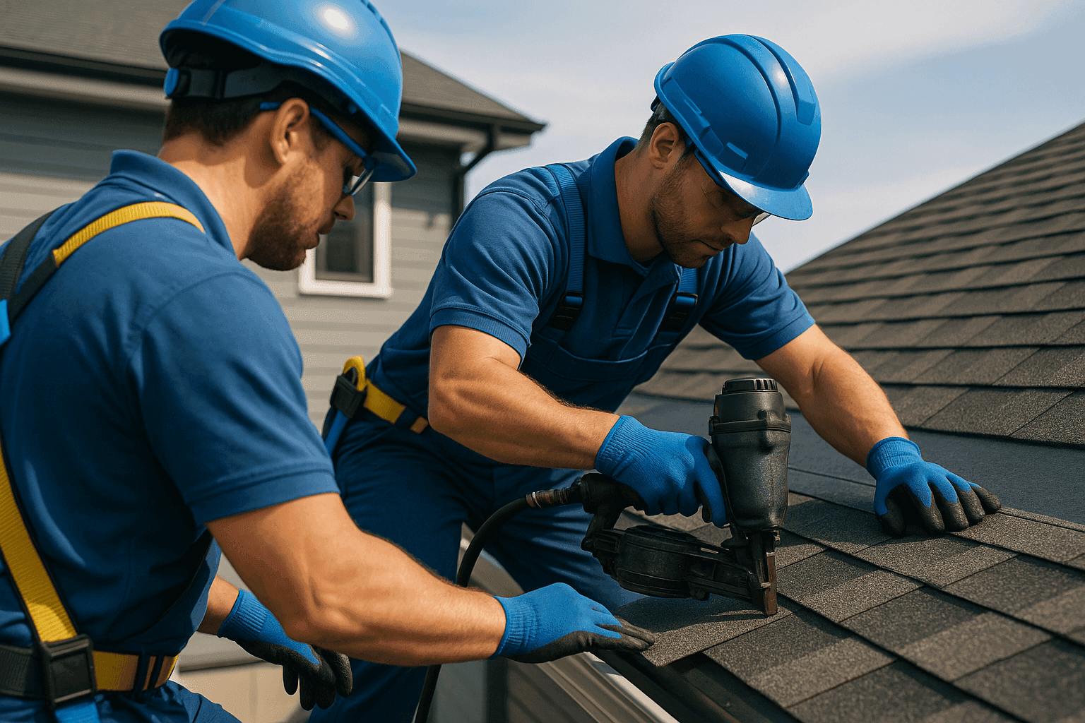 Two OSHA-compliant roofing workers installing roofing materials on a clean residential or commercial roof.