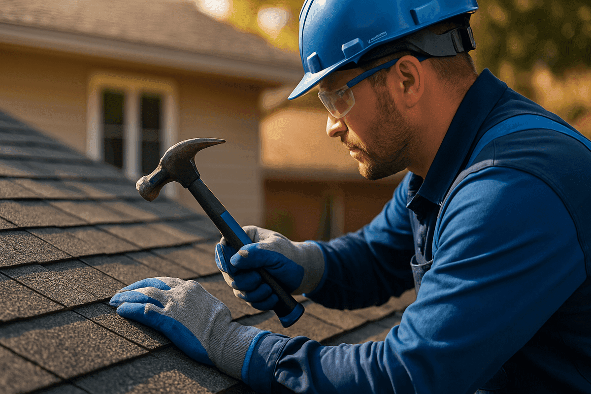Gloved hands of a roofer fastening shingles on a well-maintained residential roof with safety gear.